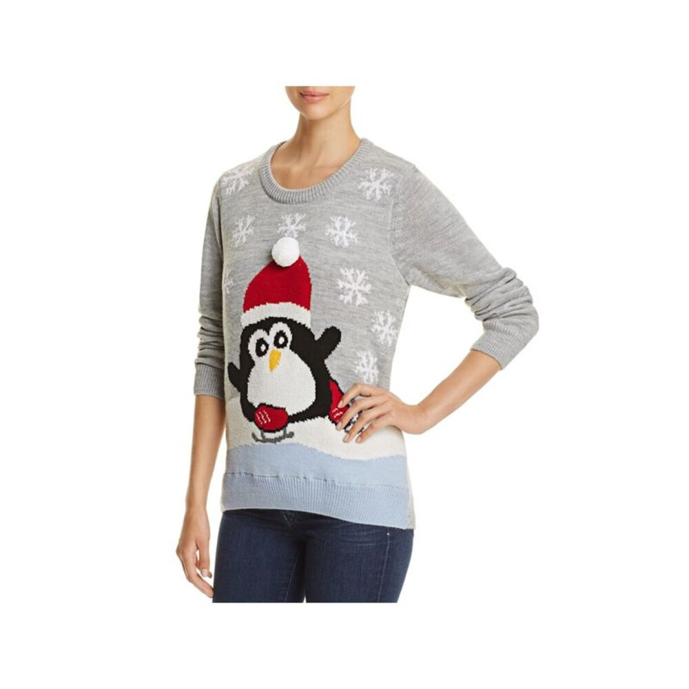 NWT LISA Womens Gray Embellished Ribbed Long Sleeve Crew Neck Holiday Sweater M